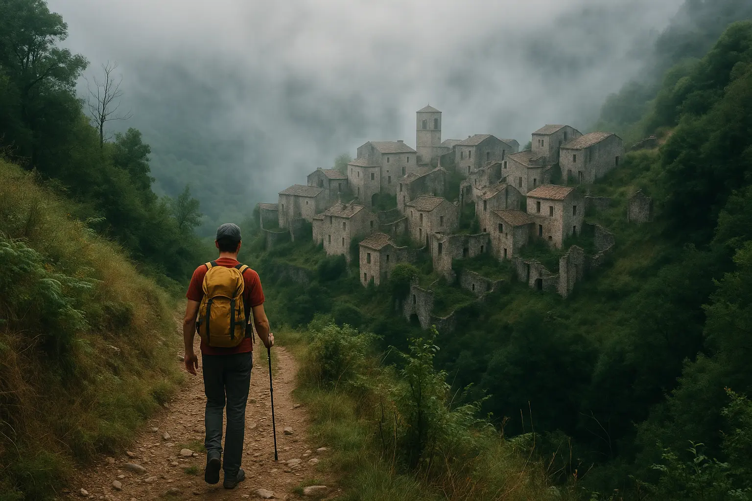 Camminatore su un sentiero tra bosco e borgo in pietra, con atmosfera nebbiosa e paesaggio insolito