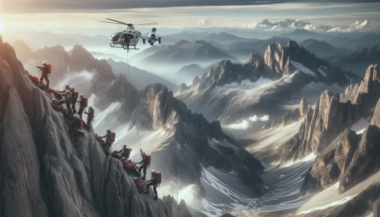 Un team di soccorso alpino in azione in un paesaggio montano, mostrando l'importanza della sicurezza e della preparazione nelle escursioni.