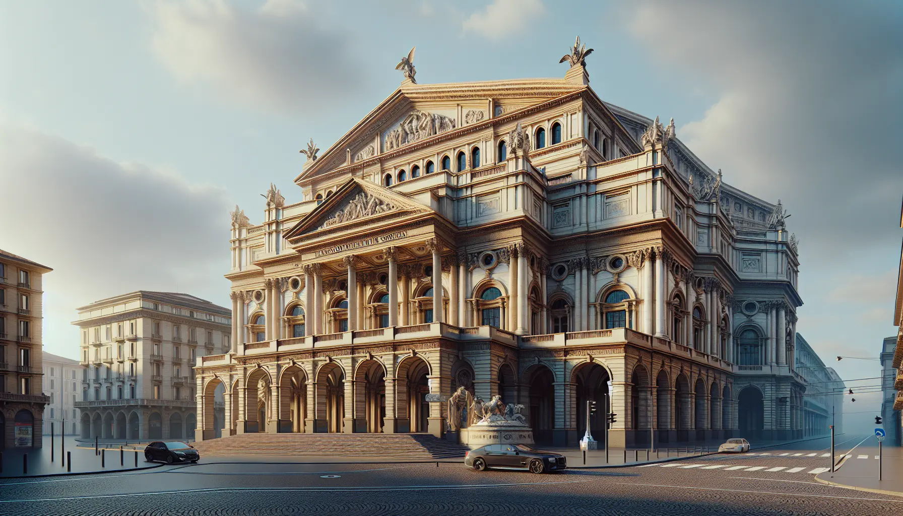 Interno del Teatro alla Scala con il suo sontuoso foyer e la sala principale illuminata, simbolo della cultura e della musica italiana.
