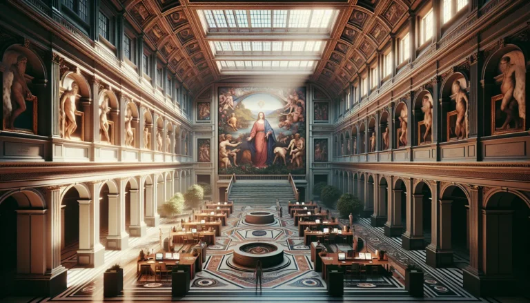 Interno degli Uffizi con opere d'arte e visitatori che ammirano i capolavori