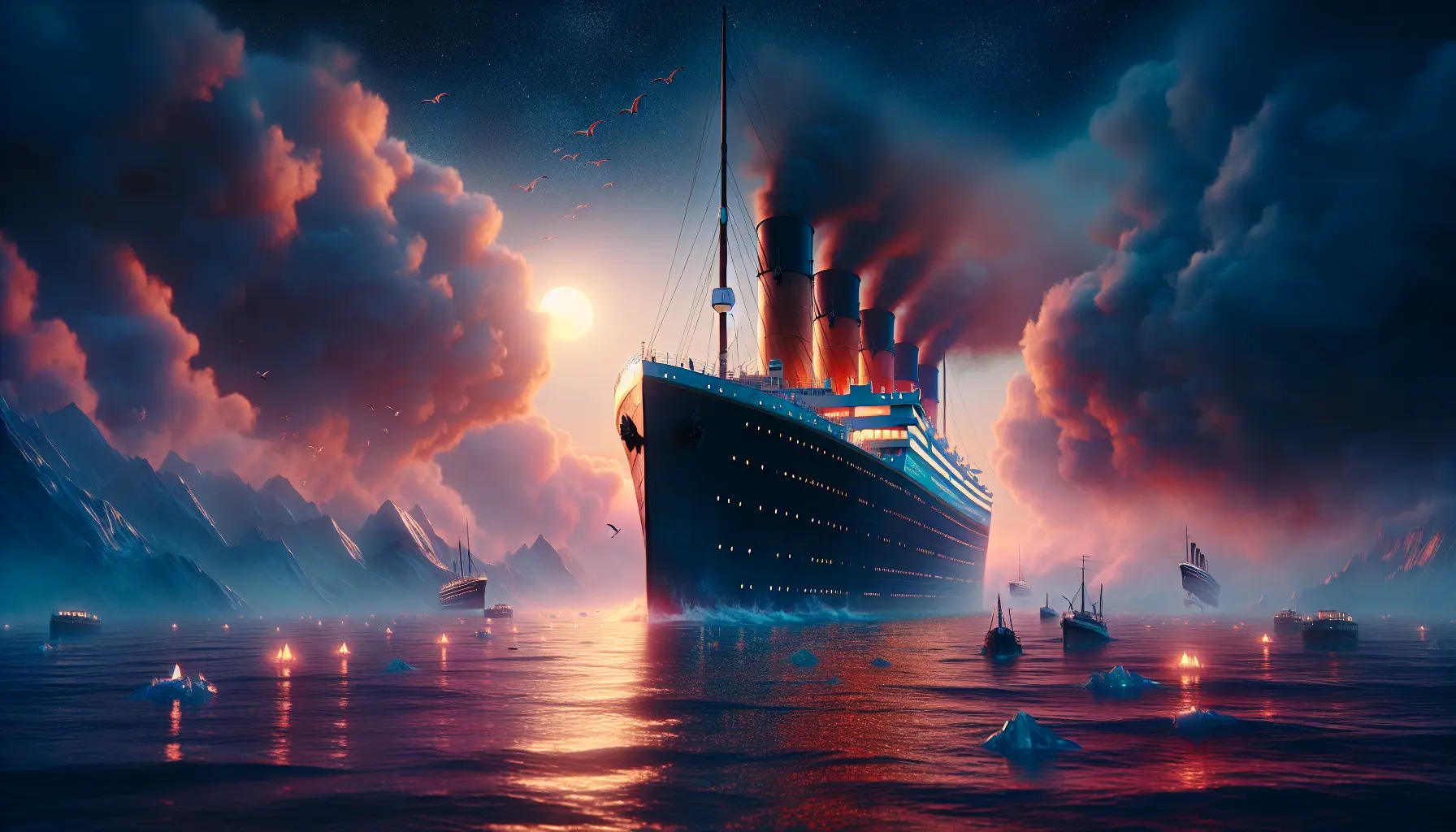 Un'immagine evocativa del Titanic in navigazione, simbolo di grandezza e tragedia, che rappresenta un viaggio tra sogni e realtà.