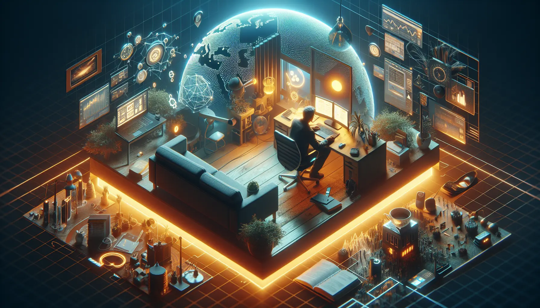 Una persona che lavora da casa, circondata da piante e tecnologia, rappresentando il lavoro remoto e il suo impatto sulla vita quotidiana.