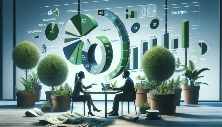 Grafico che rappresenta la crescita degli investimenti sostenibili nel tempo, con simboli ecologici e finanziari.