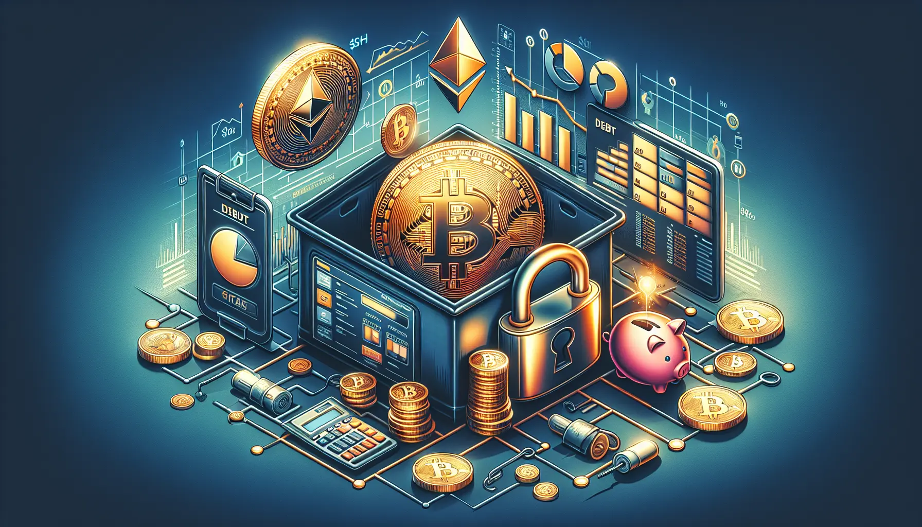 Grafico che mostra l'andamento delle criptovalute con simboli di Bitcoin ed Ethereum