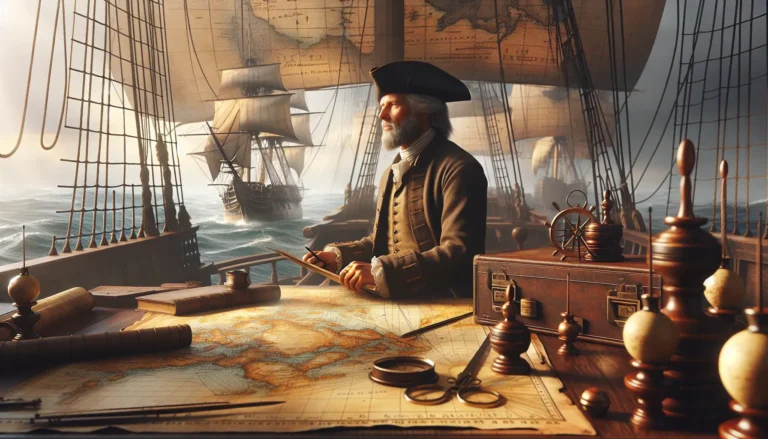 Rappresentazione storica di James Cook mentre naviga su una nave nel Pacifico.