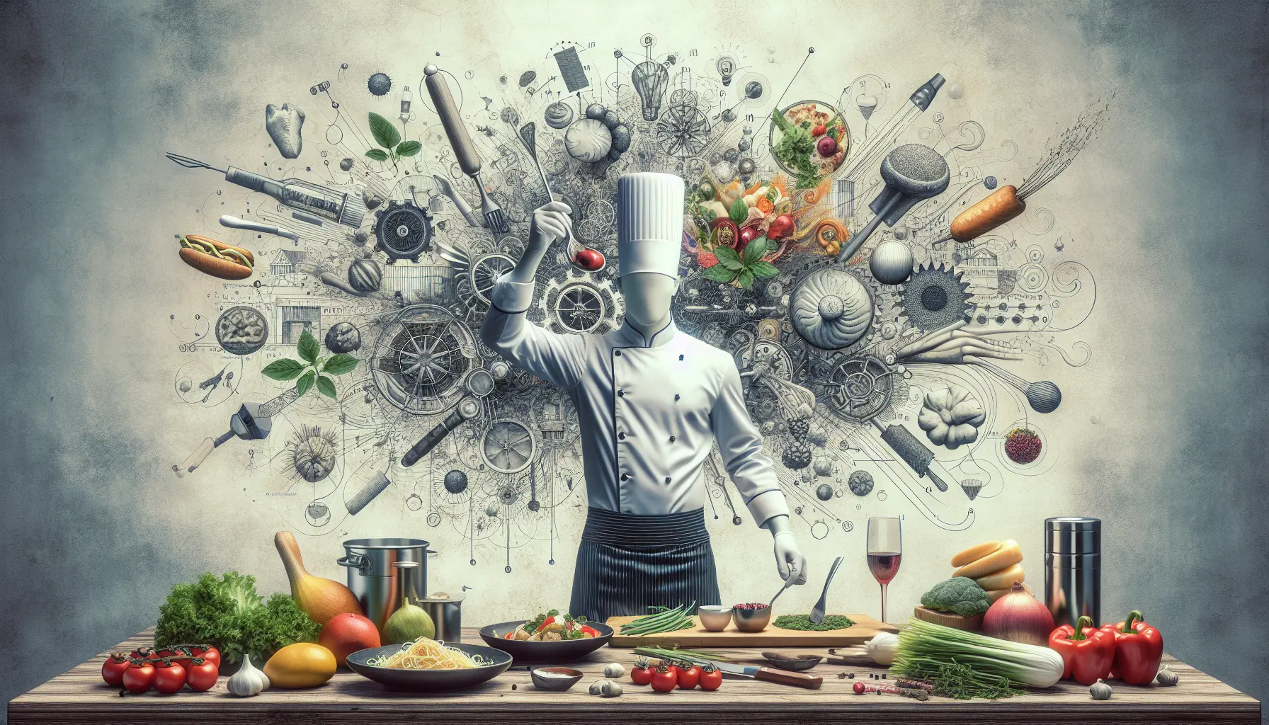 Joe Bastianich mentre cucina, circondato da ingredienti freschi e colorati, in un ristorante elegante.
