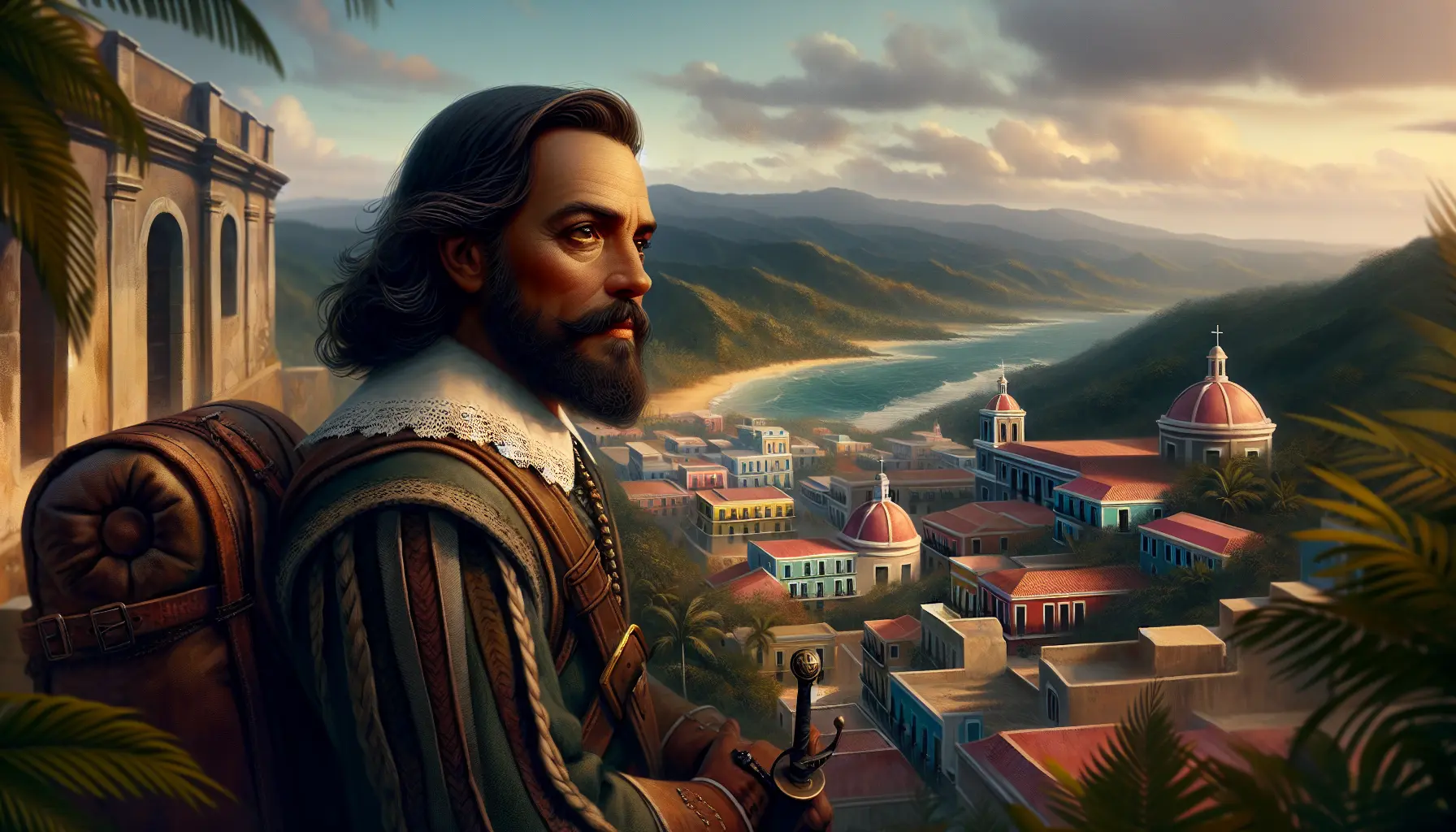 Ritratto di Juan Ponce de León con elementi simbolici della sua ricerca e della colonizzazione