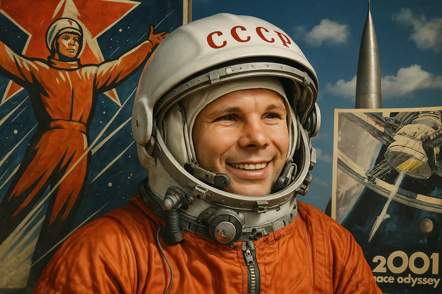 Ritratto di Jurij Gagarin con casco da cosmonauta, simbolo dell’inizio dell’era spaziale