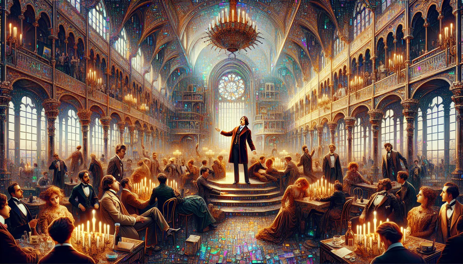 Ritratto di Oscar Wilde con un'espressione contemplativa, circondato da elementi artistici e letterari che richiamano il suo stile decadente.