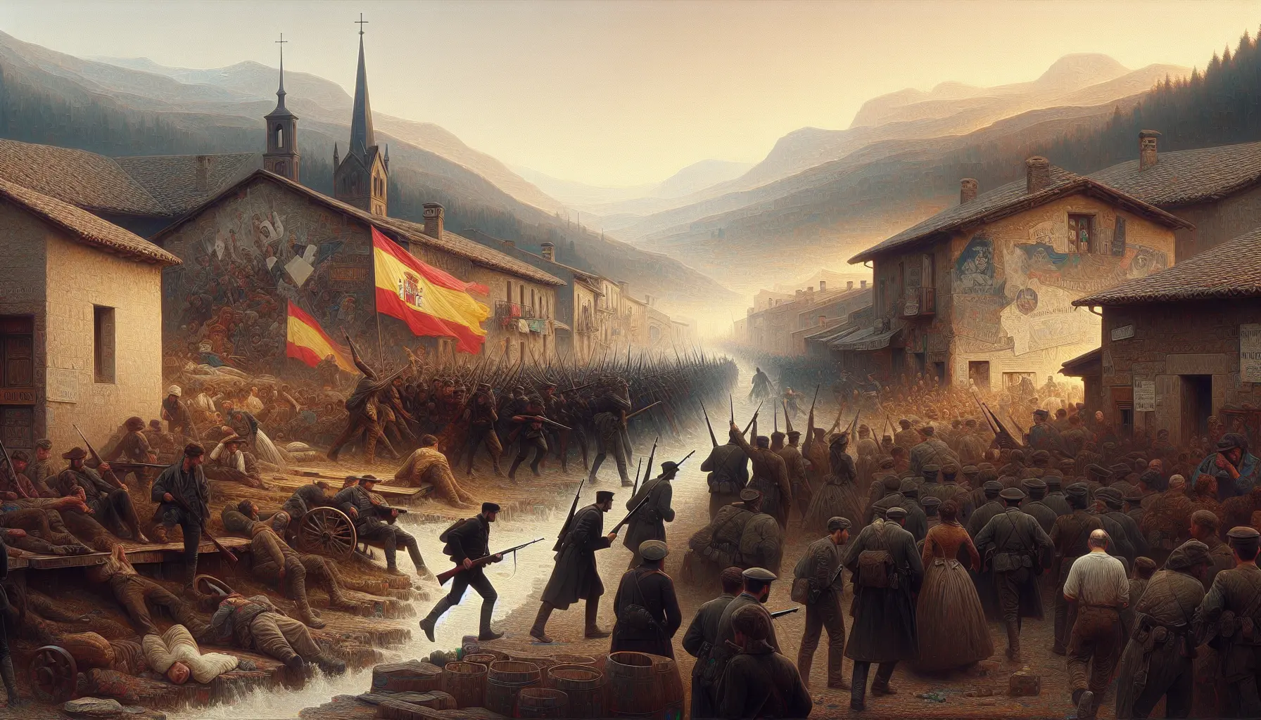 Un'immagine storica che rappresenta la Guerra Civile Spagnola, con soldati e manifestazioni.