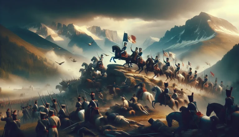 Rappresentazione storica della guerra austro-napoletana del 1815, con soldati in battaglia e bandiere delle potenze coinvolte.