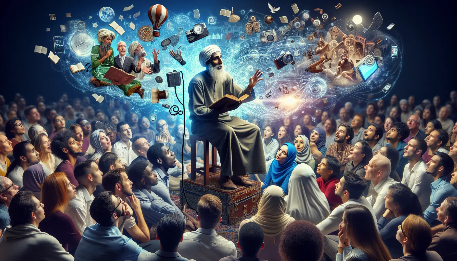 Un narratore racconta storie attorno a un fuoco, circondato da un pubblico affascinato.