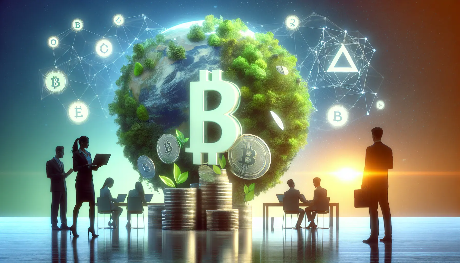 Rappresentazione visiva delle criptovalute verdi con simboli di sostenibilità e tecnologia
