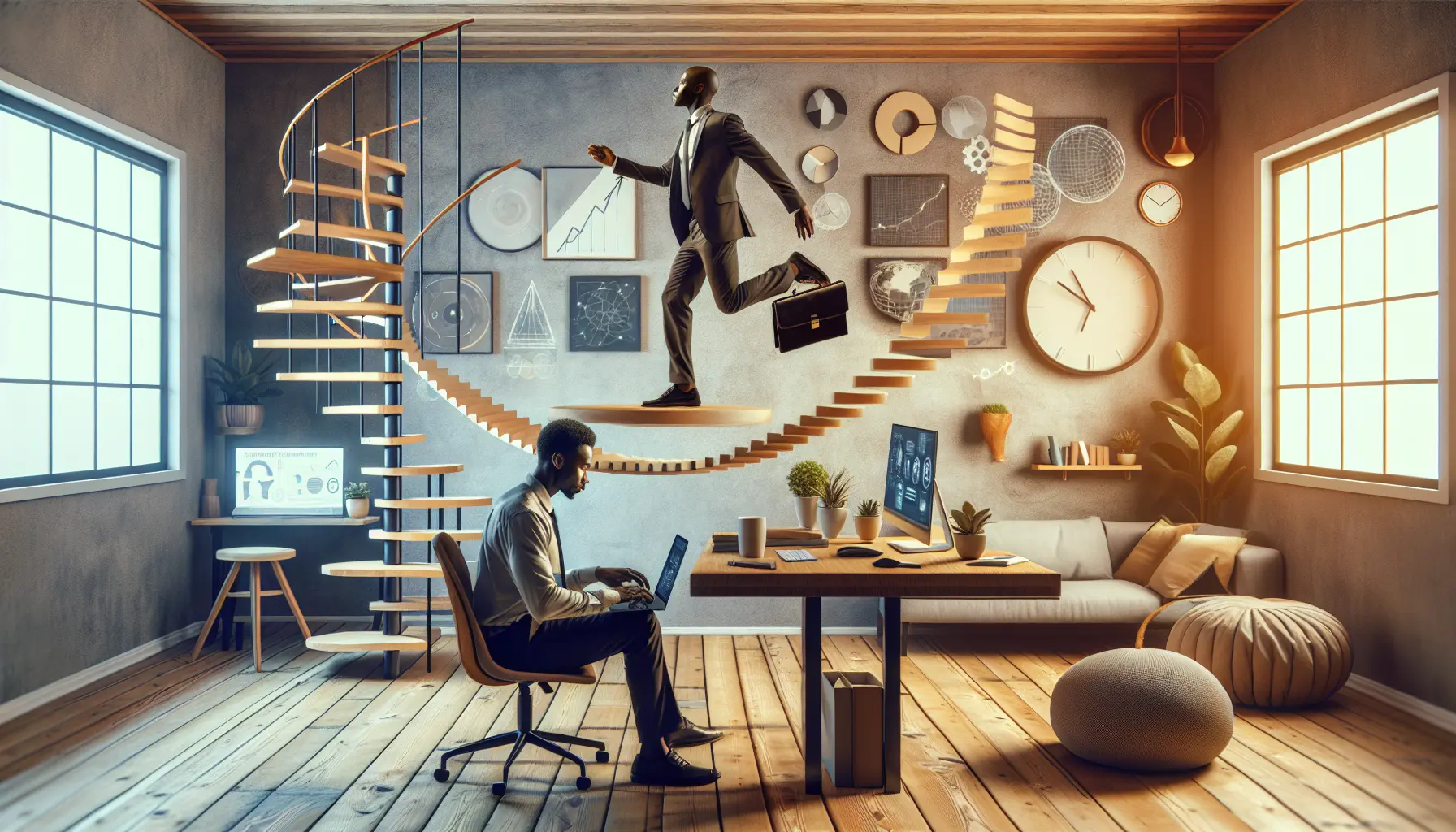 Una persona che lavora da remoto in un ambiente luminoso e accogliente, circondato da piante e tecnologie moderne.