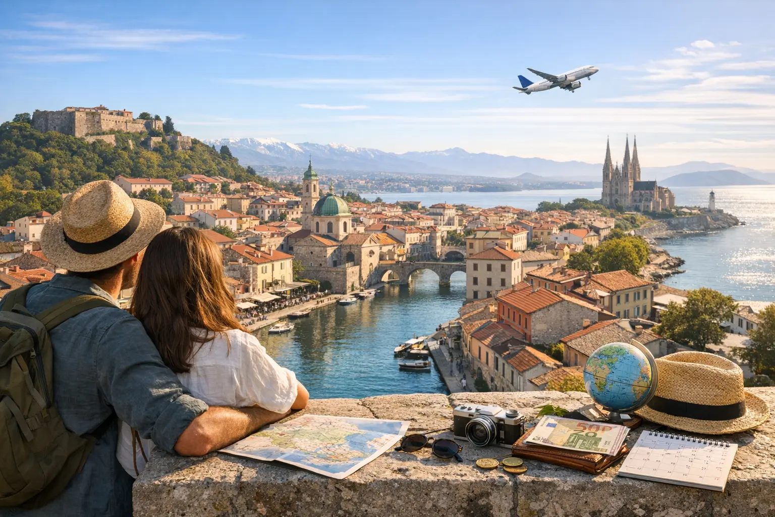 Veduta urbana europea con centro storico, fiume e viaggiatori in city break