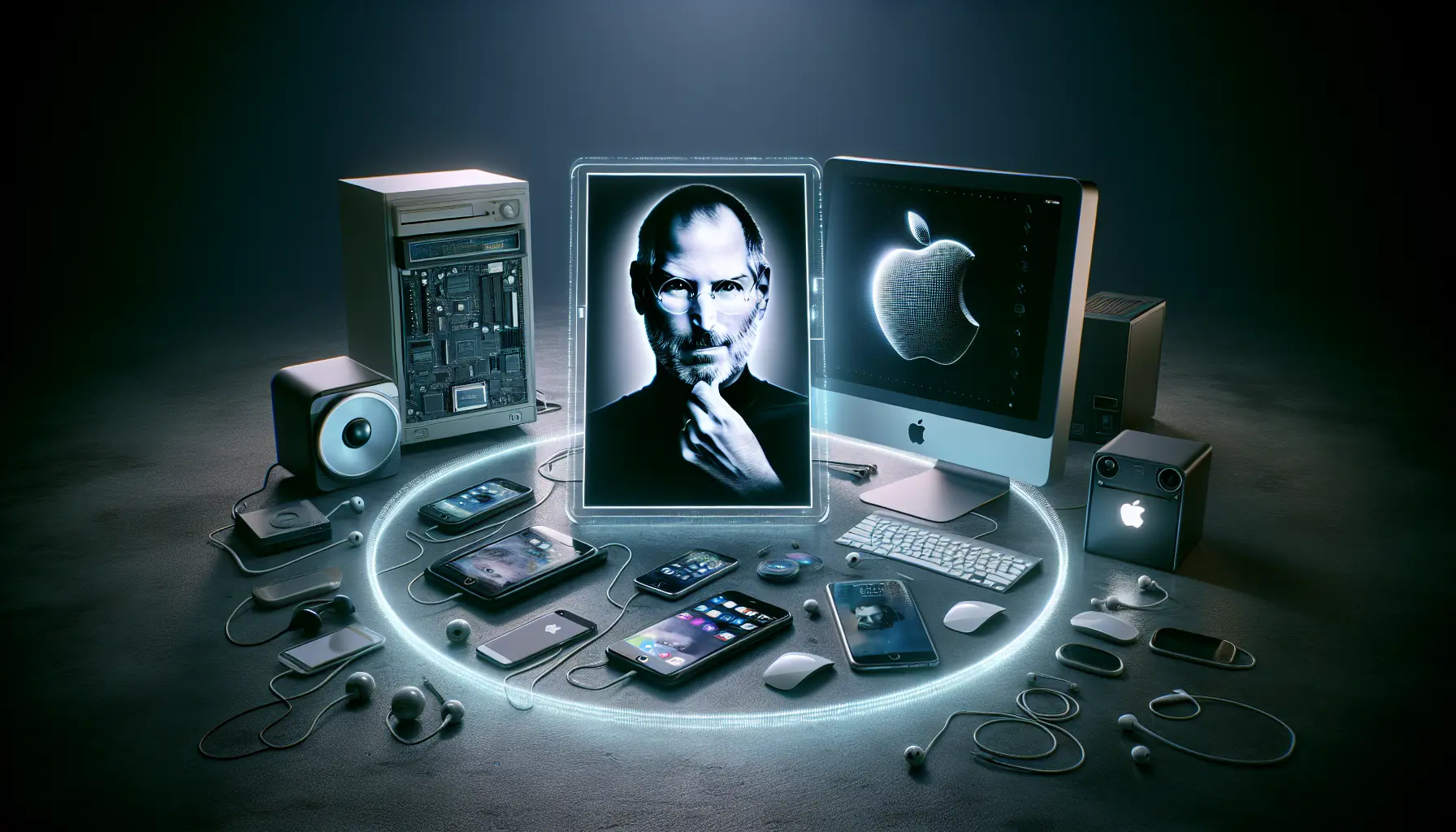 Ritratto di Steve Jobs mentre presenta un prodotto Apple, simbolo di innovazione tecnologica.