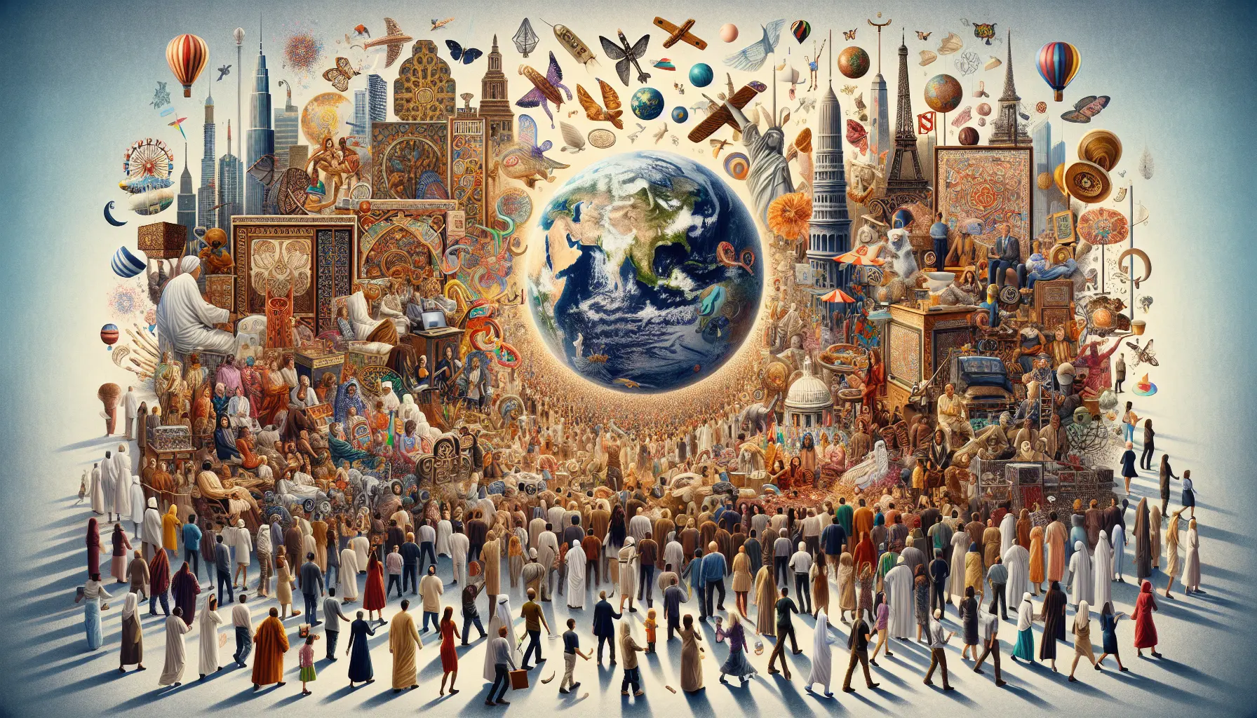 Un gruppo di persone di diverse culture che interagiscono in un ambiente urbano, rappresentando la diversità culturale.