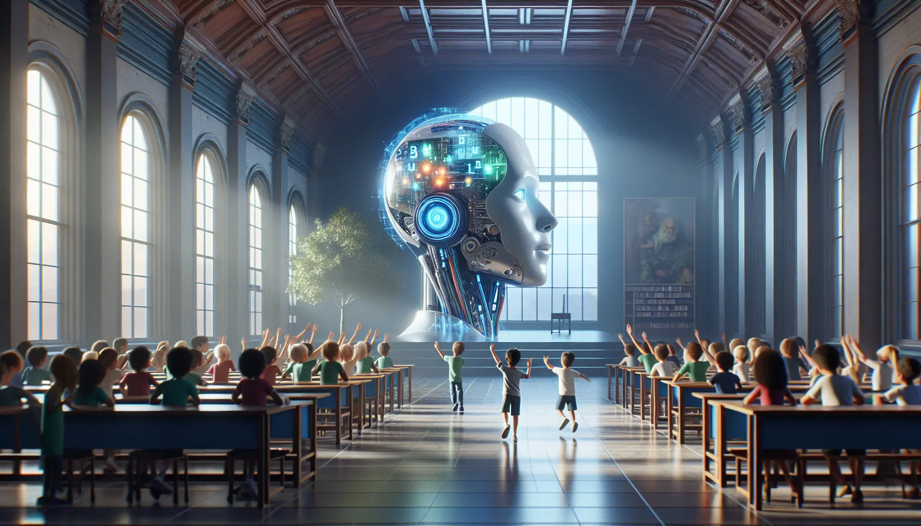Un'aula moderna con studenti che utilizzano dispositivi tecnologici per apprendere, rappresentando l'integrazione dell'intelligenza artificiale nell'educazione.