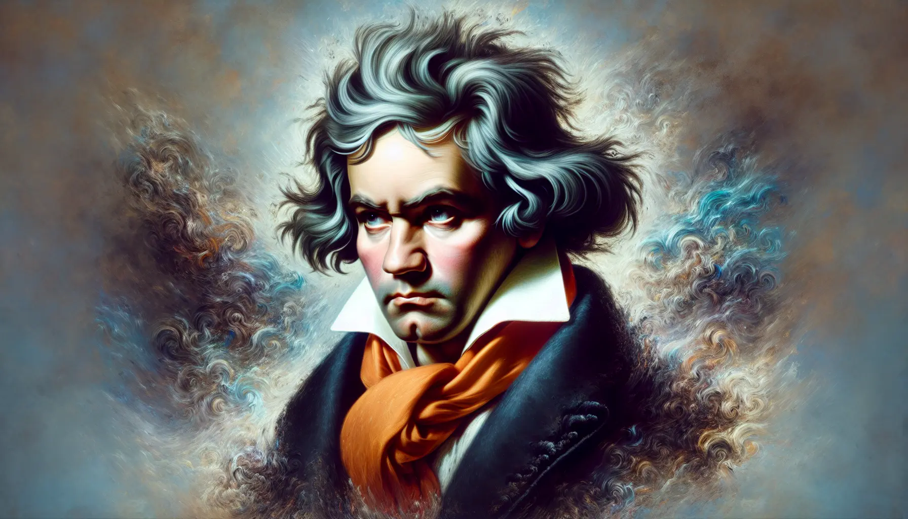 Ritratto di Ludwig van Beethoven, il celebre compositore tedesco, circondato da spartiti musicali e strumenti.