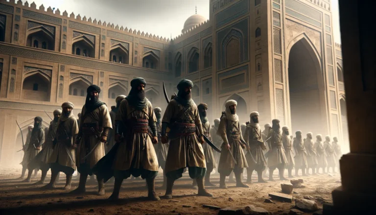 Rappresentazione artistica di guerrieri Mamelucchi in battaglia, evidenziando la loro armatura e le armi tipiche dell'epoca.