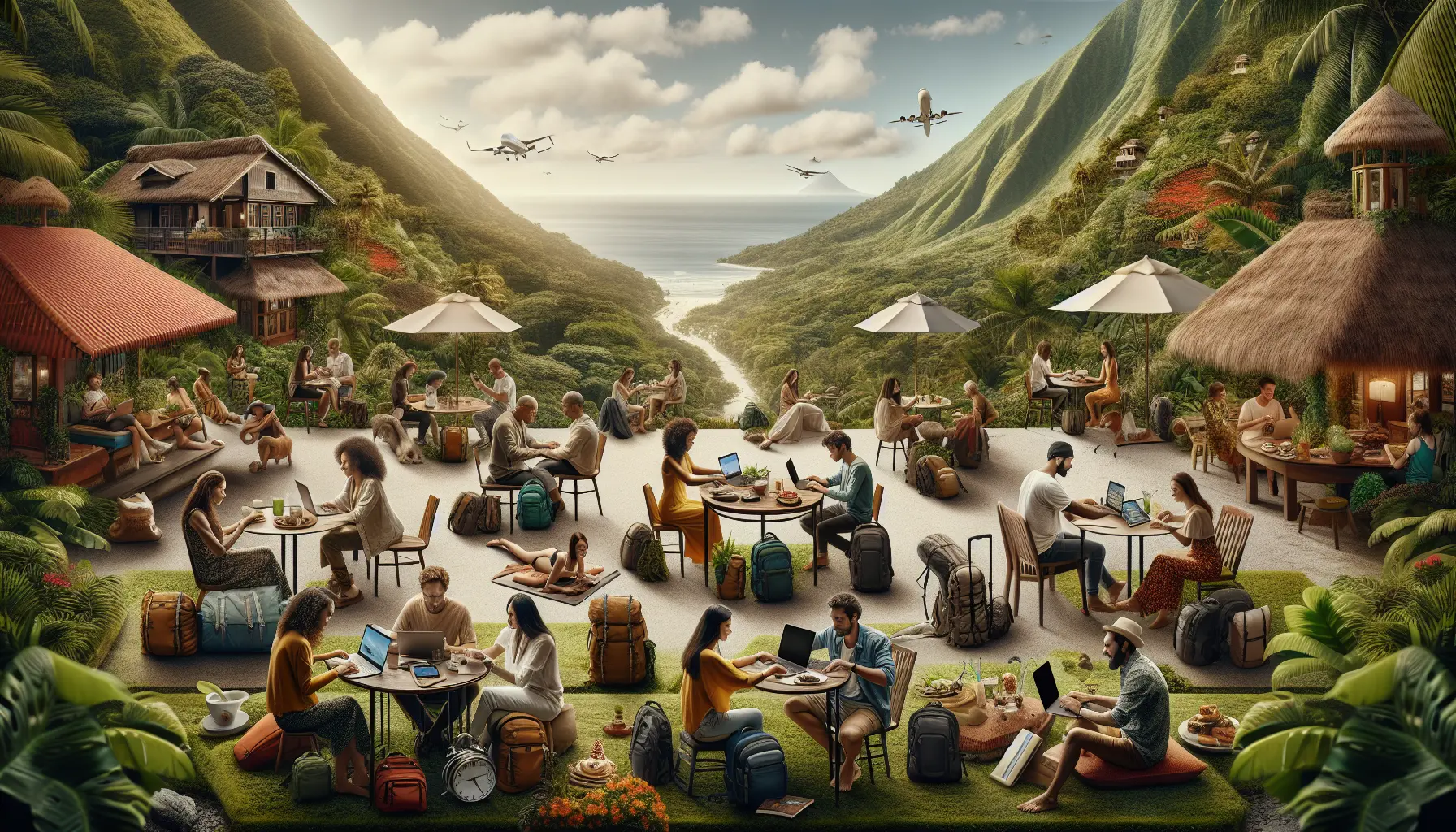 Un nomade digitale che lavora al computer in una caffetteria con vista su un paesaggio esotico.