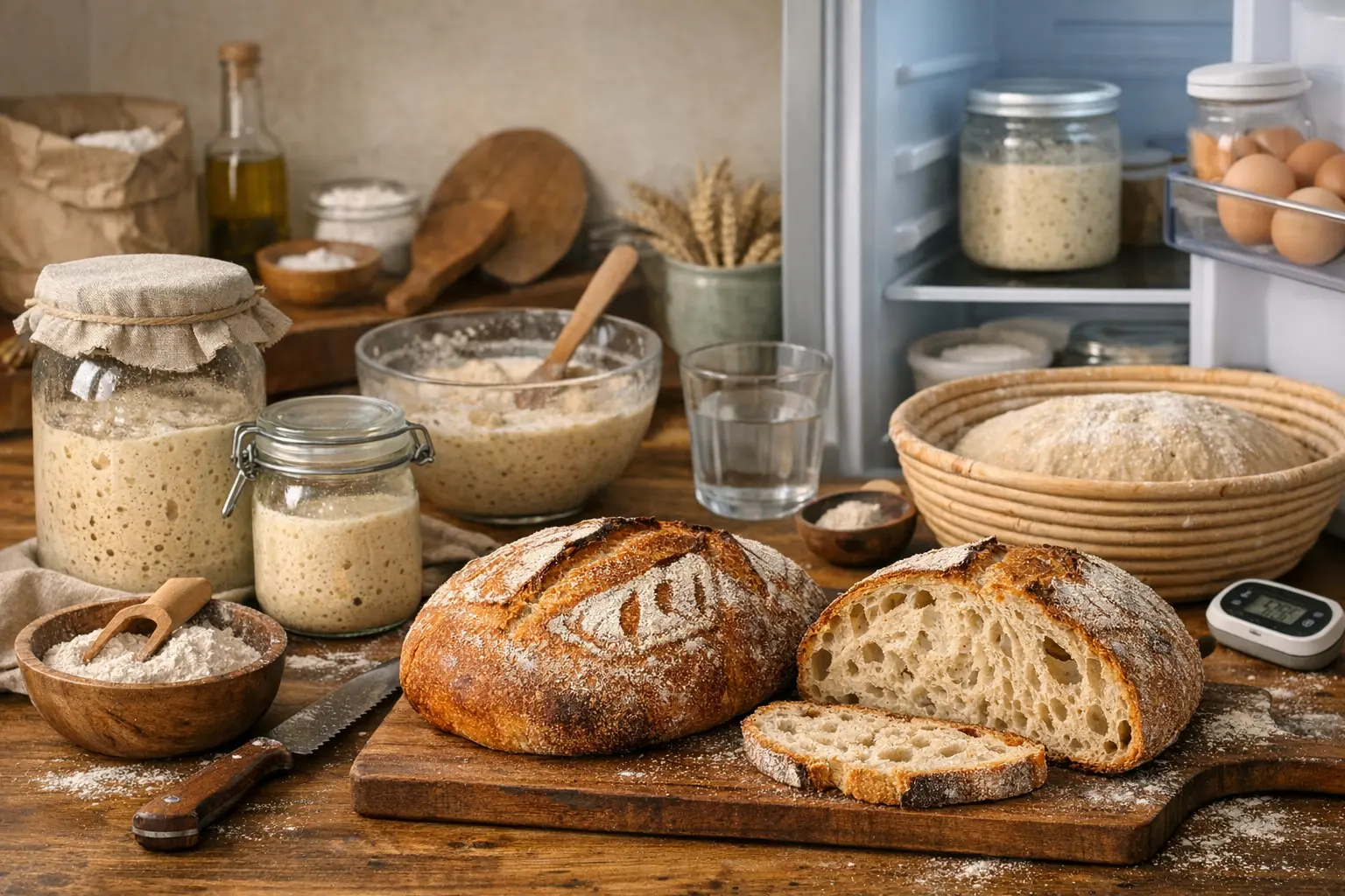 Barattolo di lievito madre attivo accanto a una pagnotta di pane fatto in casa su un piano di cucina