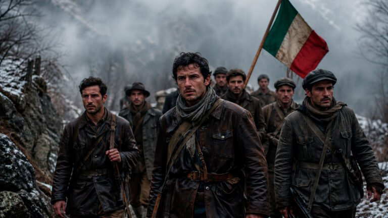 Gruppo di partigiani italiani armati cammina in un paesaggio montano innevato e nebbioso durante la Resistenza, con una bandiera italiana sullo sfondo