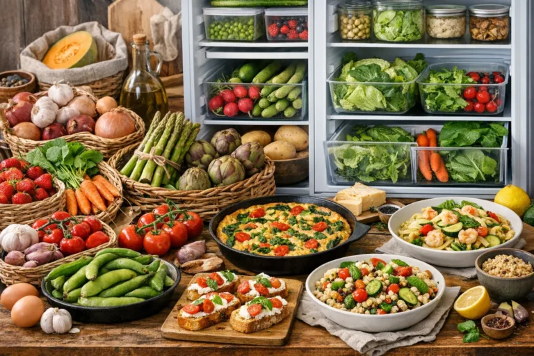 Banco di mercato con asparagi, carciofi, fave, piselli, agretti e fragole di primavera