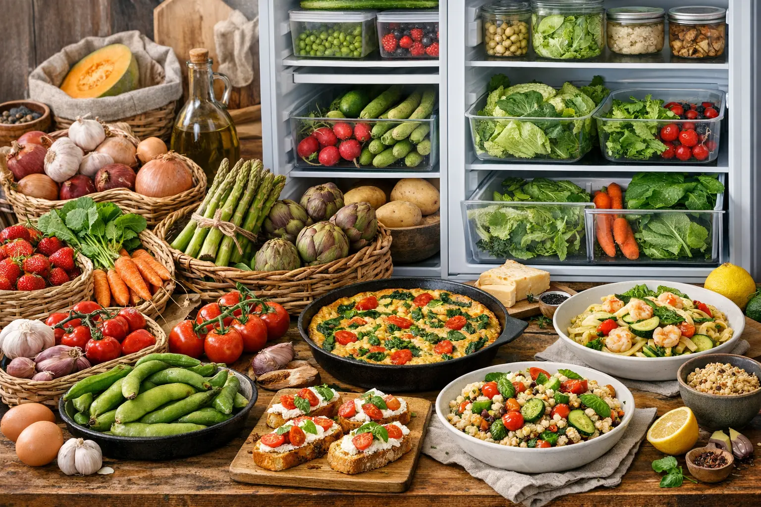 Banco di mercato con asparagi, carciofi, fave, piselli, agretti e fragole di primavera