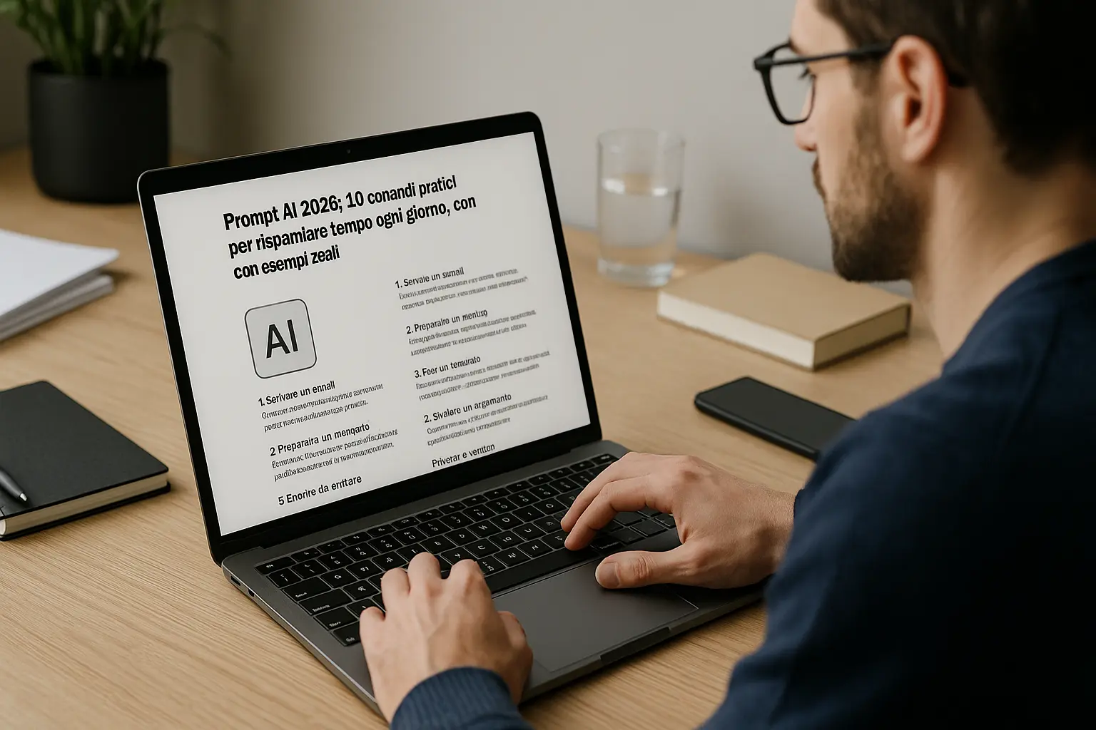 Persona al computer che usa un assistente AI per scrivere email, riassumere appunti e pianificare la settimana