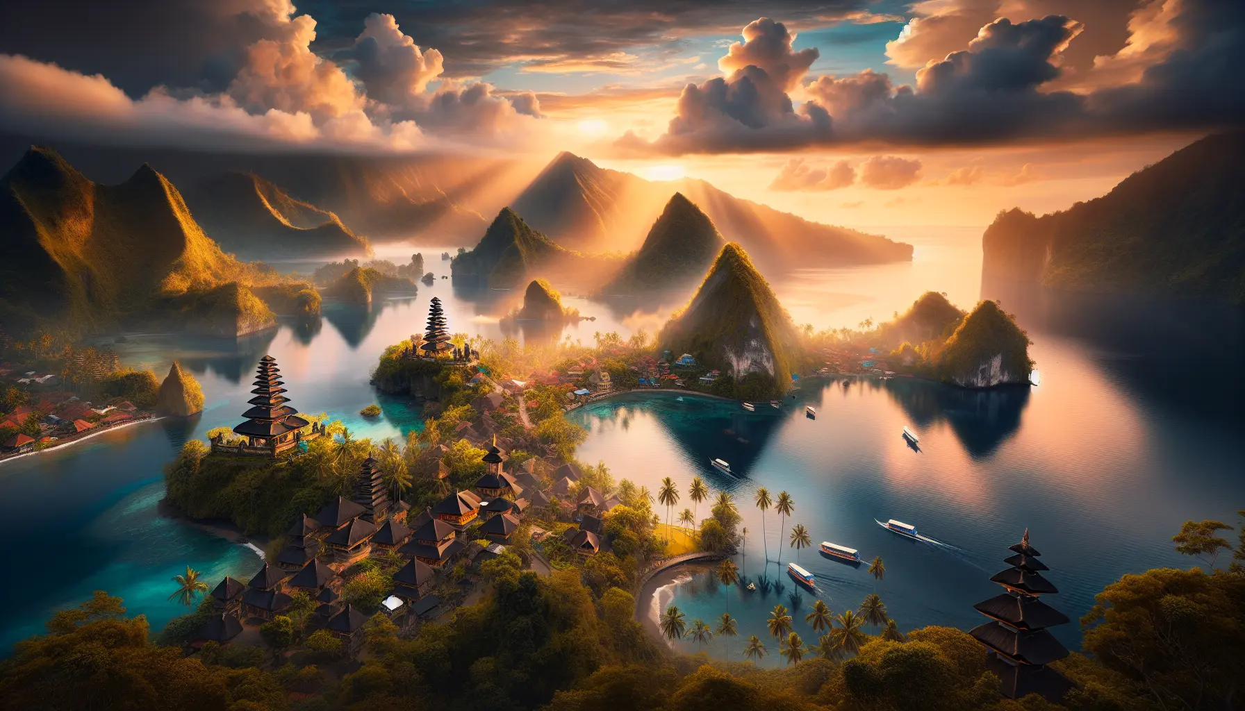 Panorama di un'isola indonesiana con spiagge sabbiose e acque cristalline