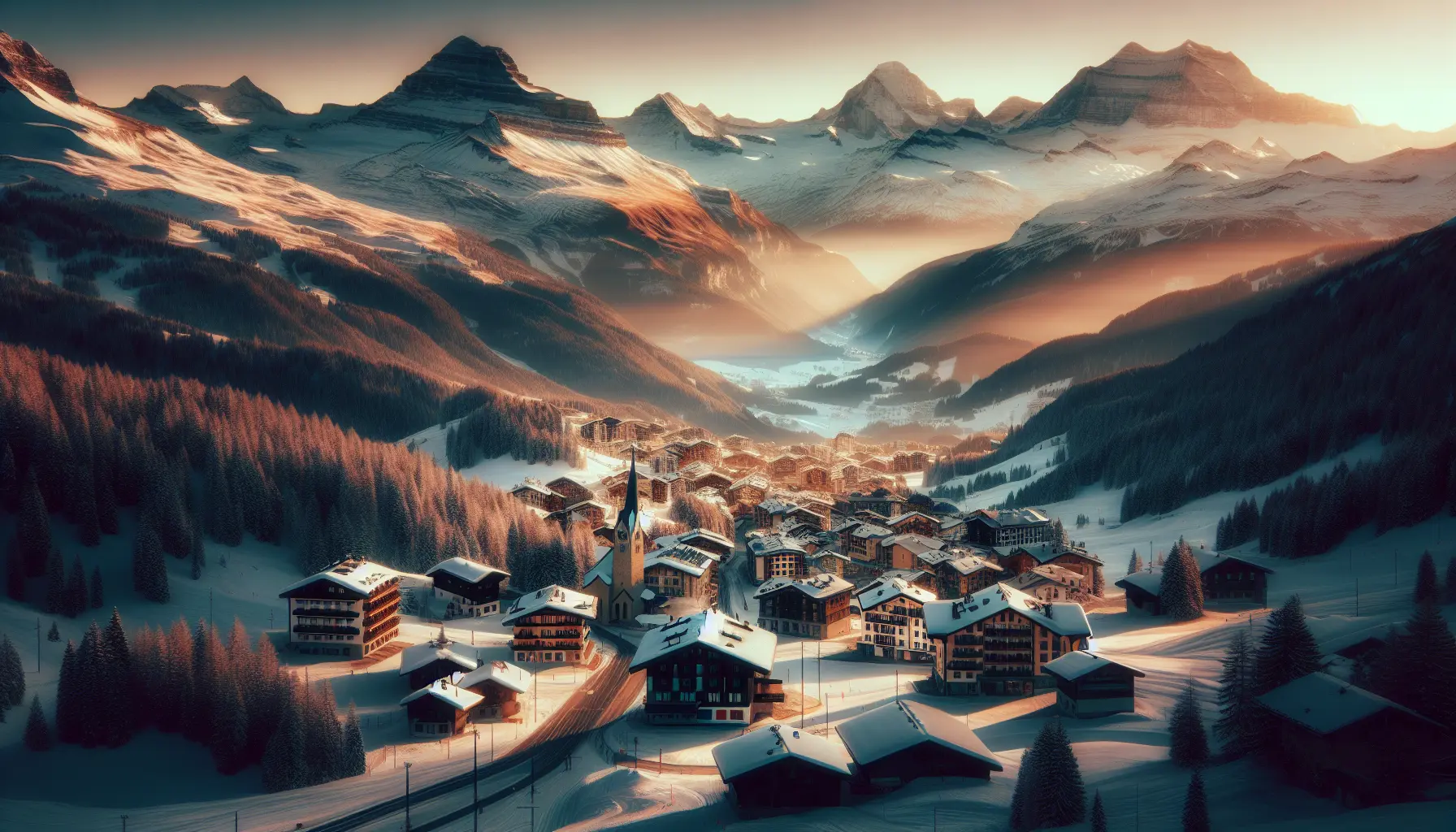 Vista panoramica di Crans Montana con le Alpi sullo sfondo e piste da sci