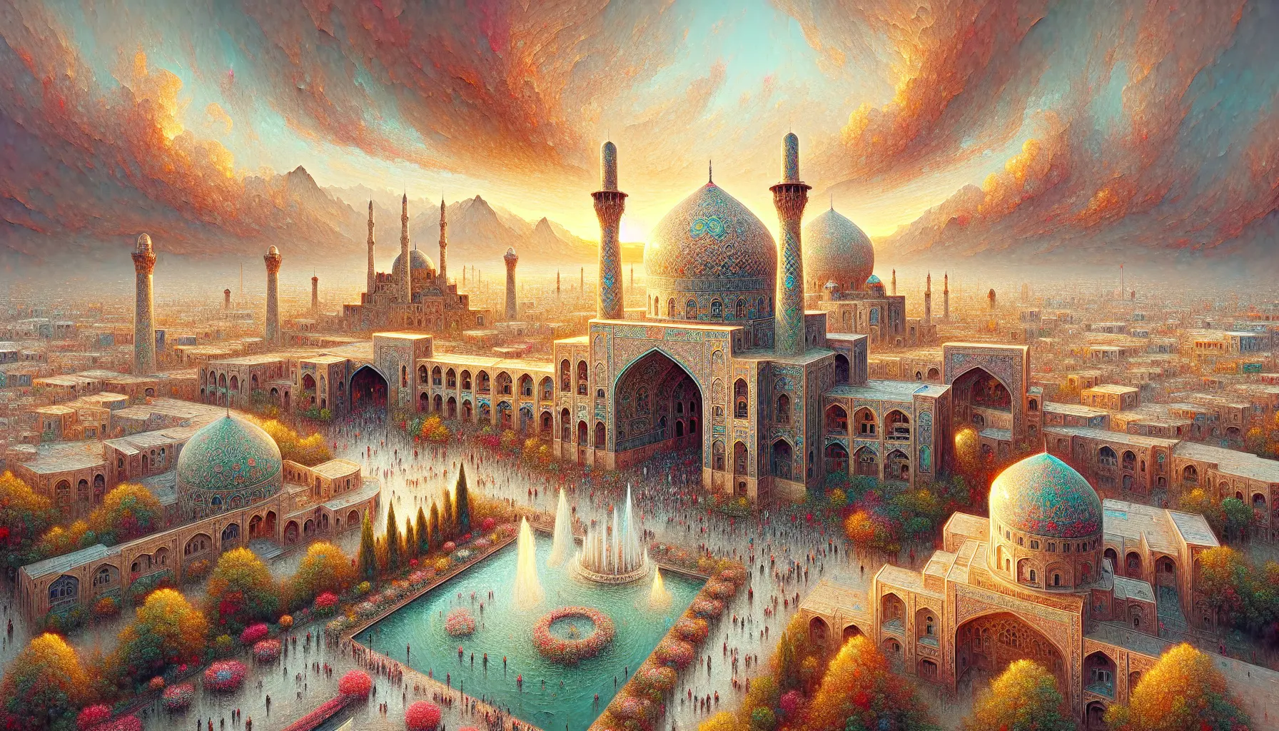 Un paesaggio iraniano con antiche moschee e montagne sullo sfondo, che rappresenta la cultura e la storia dell'Iran.