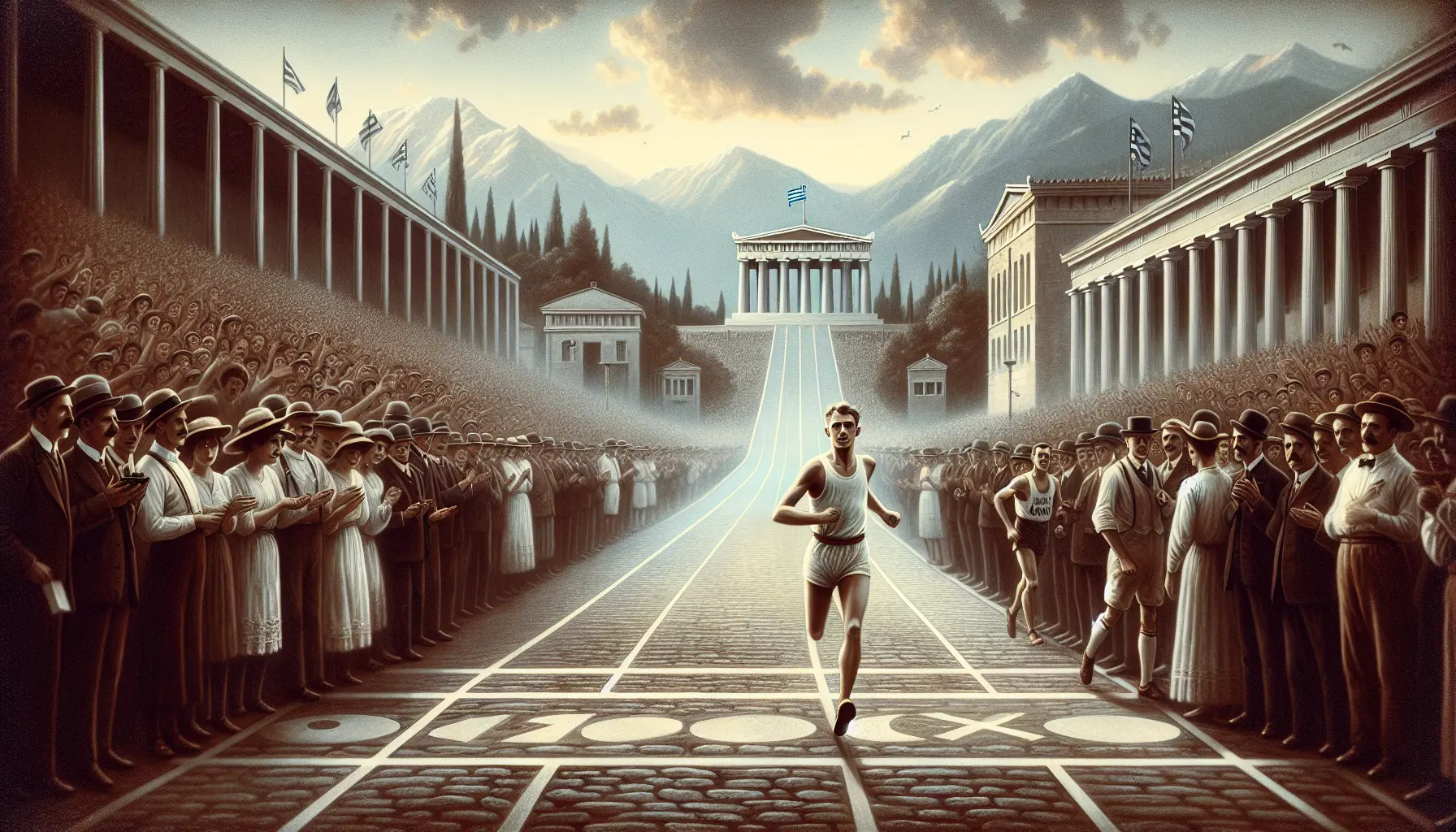 Spyridōn Louīs durante la maratona olimpica del 1896, simbolo di perseveranza e orgoglio greco.