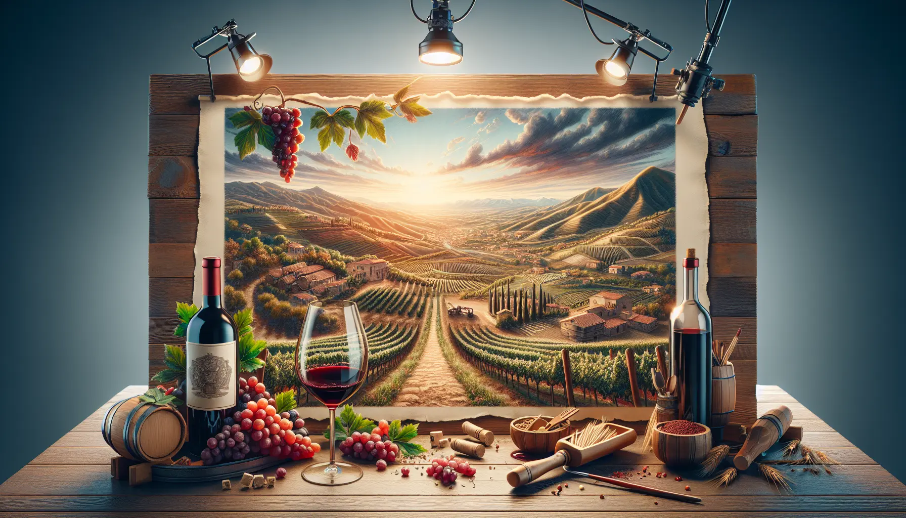 Bottiglia di Taurasi con calici di vino rosso su sfondo di vigneti in Irpinia