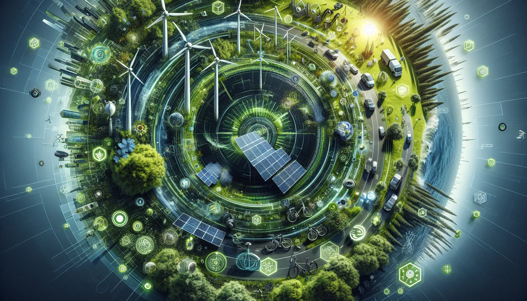 Un paesaggio urbano con pannelli solari e turbine eoliche che simboleggiano l'innovazione sostenibile.