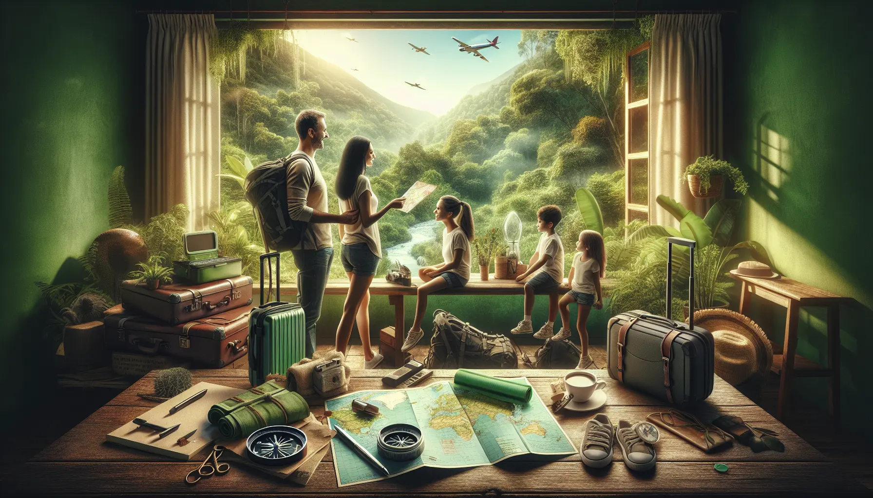 Una famiglia in un'escursione nella natura, circondata da alberi e paesaggi verdi, mentre esplorano sentieri eco-sostenibili.