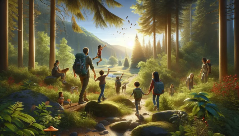 Una famiglia che esplora un sentiero naturale circondato da alberi e fiori.