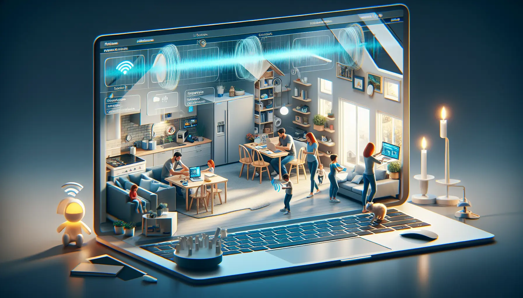 Un router Wi-Fi moderno in un ambiente domestico, con dispositivi connessi che mostrano una rete stabile e veloce.