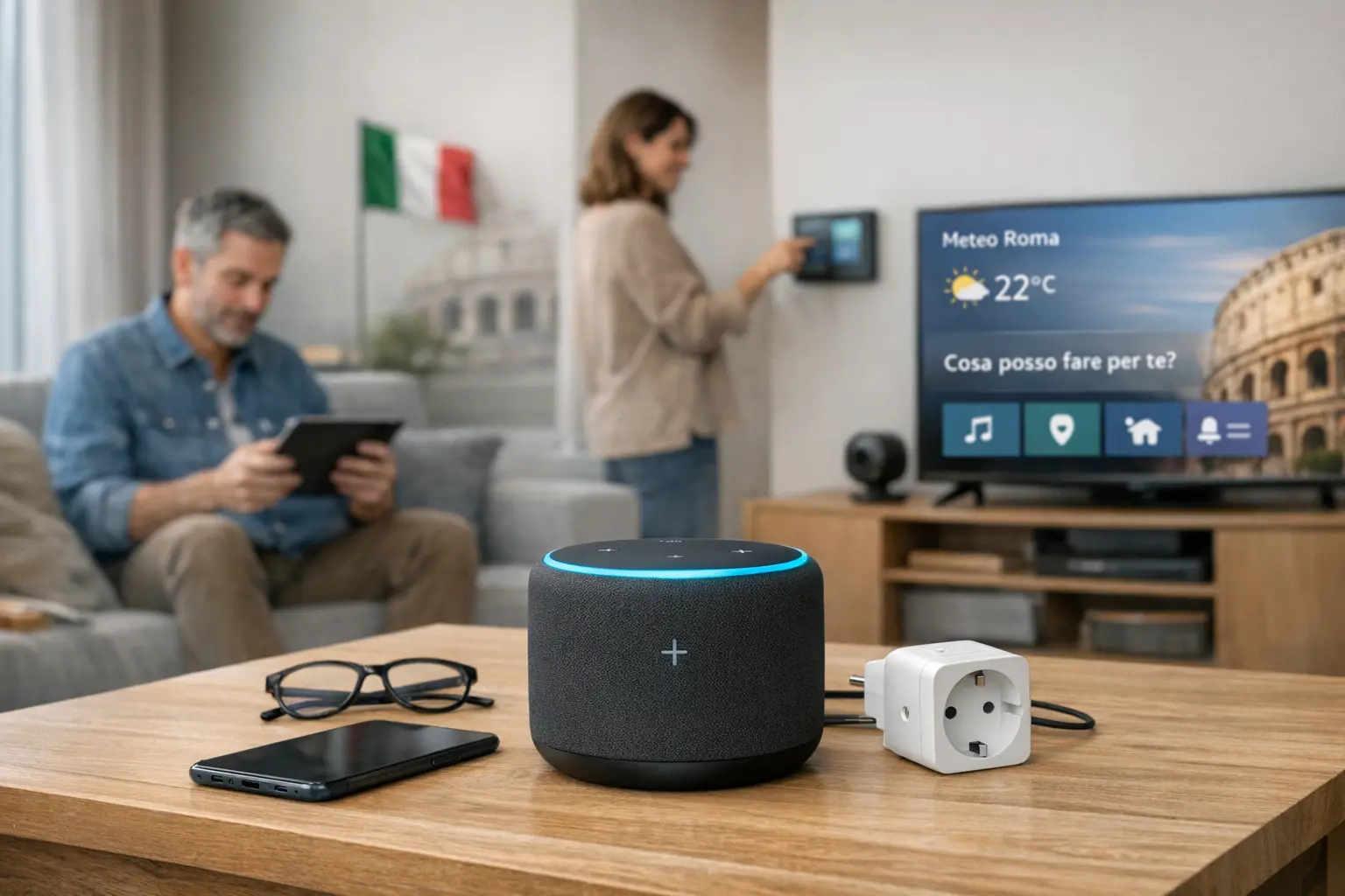 Echo Show acceso su un tavolo di casa con schermata Alexa+, smartphone accanto e ambiente domestico sullo sfondo
