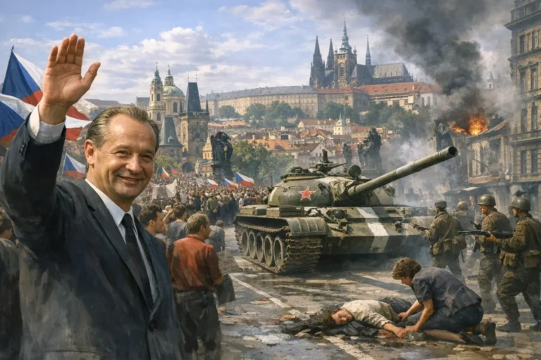 Alexander Dubček saluta tra una folla, con un carro armato, soldati, fumo e i tetti storici di Praga sullo sfondo.