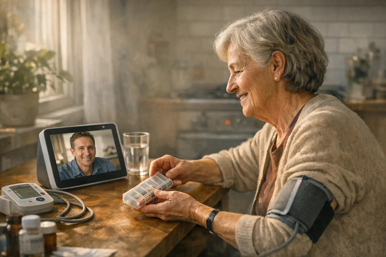 Donna anziana al tavolo con videocchiamata su display, portapillole e misuratore di pressione.