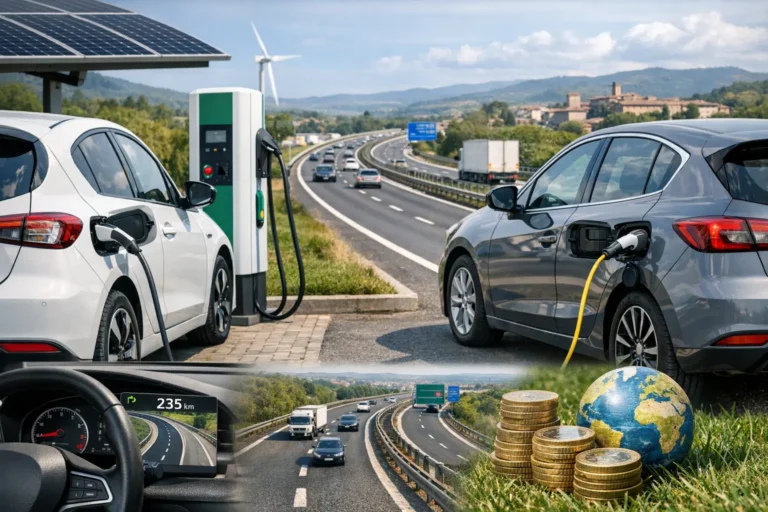 Due auto elettriche in ricarica a una colonnina vicino all’autostrada, con pannelli solari e una turbina eolica sullo sfondo.