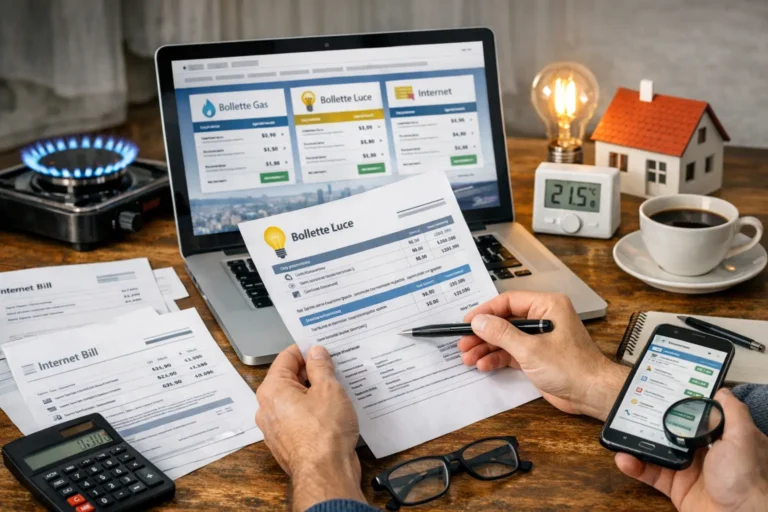 Persone controllano bollette di luce, gas e internet con laptop, smartphone e calcolatrice su un tavolo.