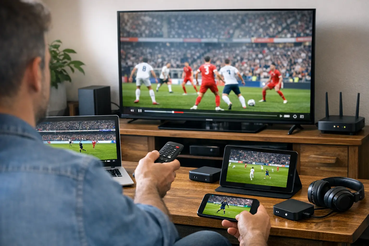 Uomo seduto davanti alla TV che guarda una partita di calcio su televisore, laptop, tablet e smartphone.