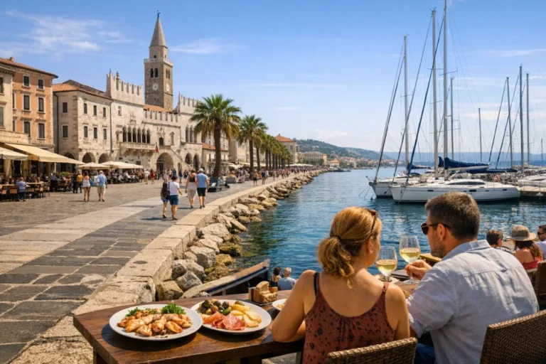 Passeggiata sul lungomare di Capodistria con torre campanaria, yacht ormeggiati e coppia che pranza sul mare