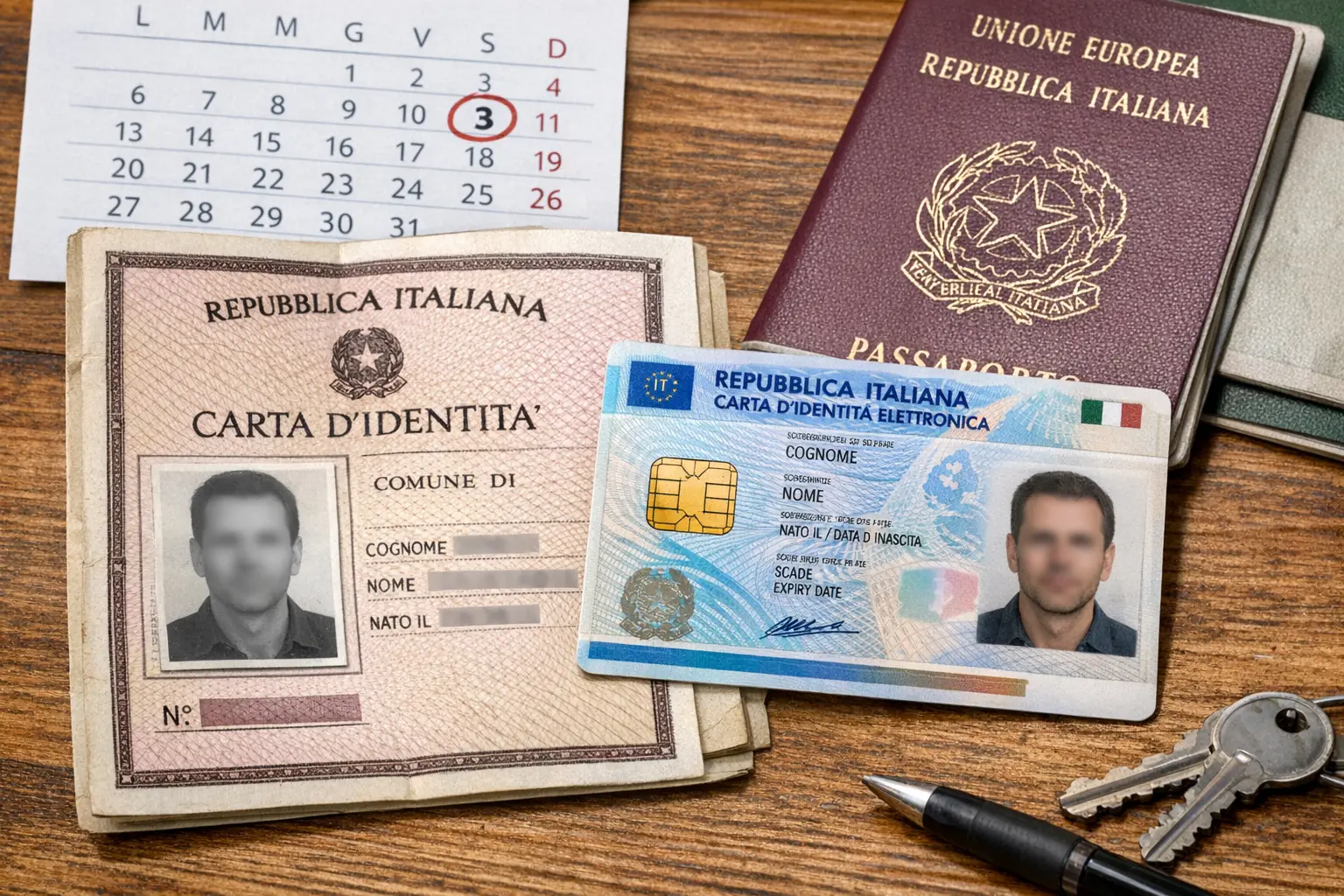 Carta d’identità cartacea, carta d’identità elettronica e passaporto su un tavolo, con calendario sullo sfondo.