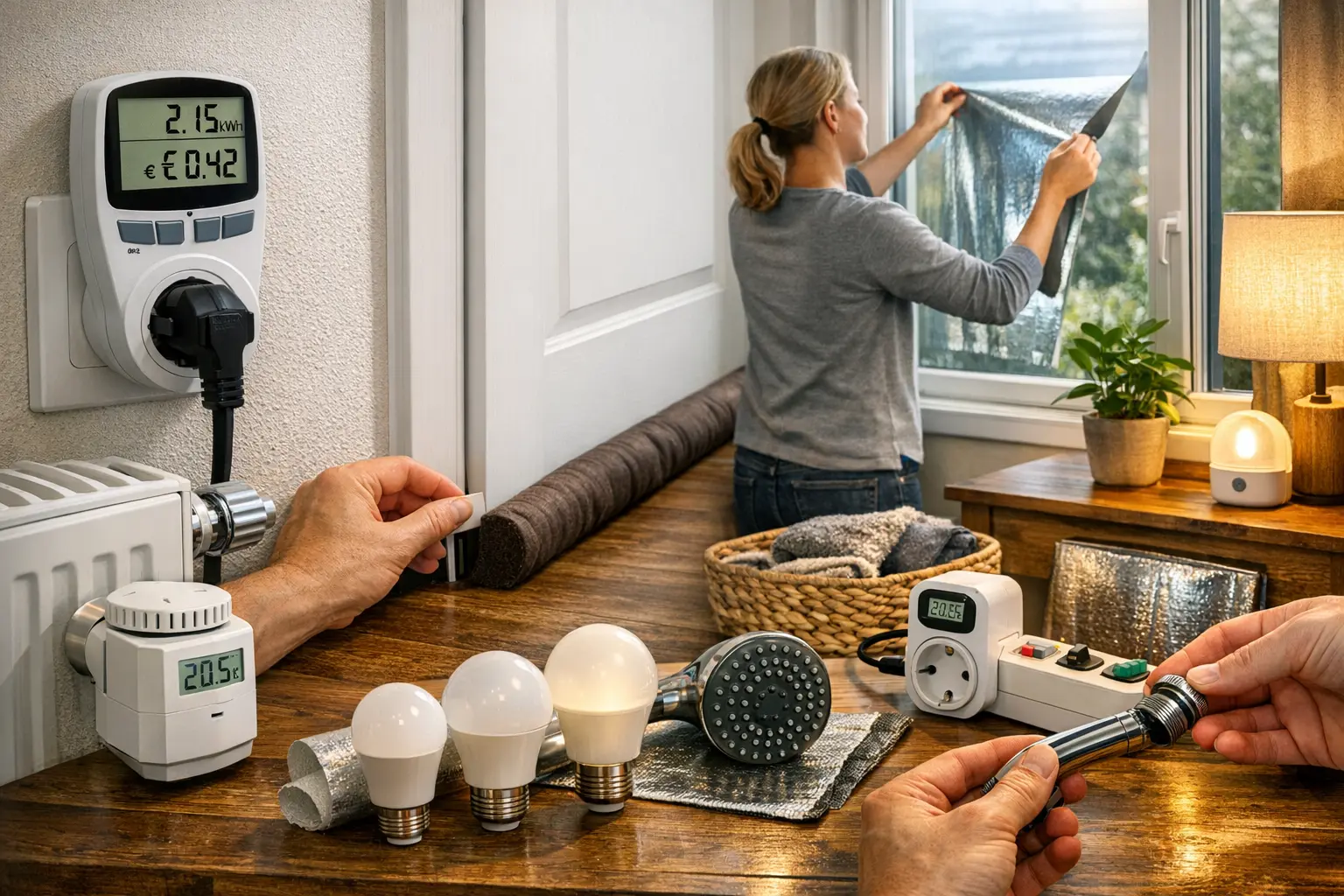 Persona applica pellicola isolante a una finestra, con mani che mostrano guarnizioni, lampadine e termostati.