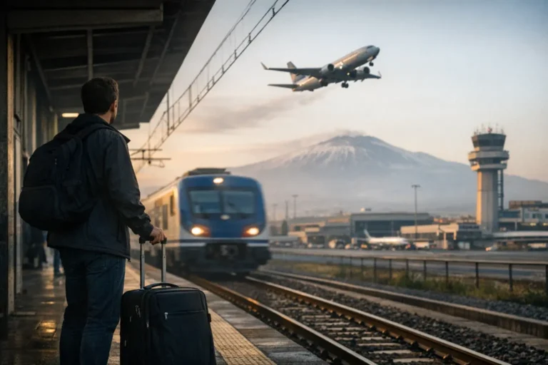 Viaggiatore con valigia su un binario vicino all’aeroporto, con treno in corsa, aereo in decollo ed Etna sullo sfondo.