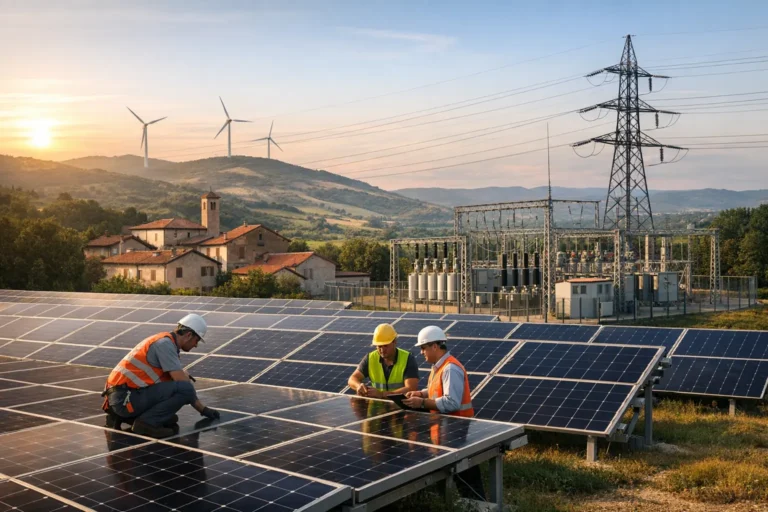 Tre tecnici controllano pannelli solari in un campo, con pale eoliche, linee elettriche e case sullo sfondo.